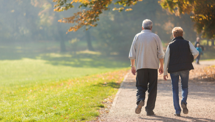Senior citizen couple taking a walk in a park during autumn morning with trees in the background